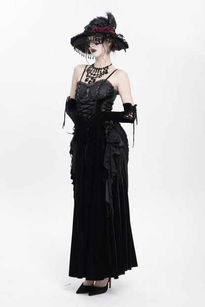 Black Sleeveless Ruffle Lace-Up Plumed Women's Gothic Long Slip Dress