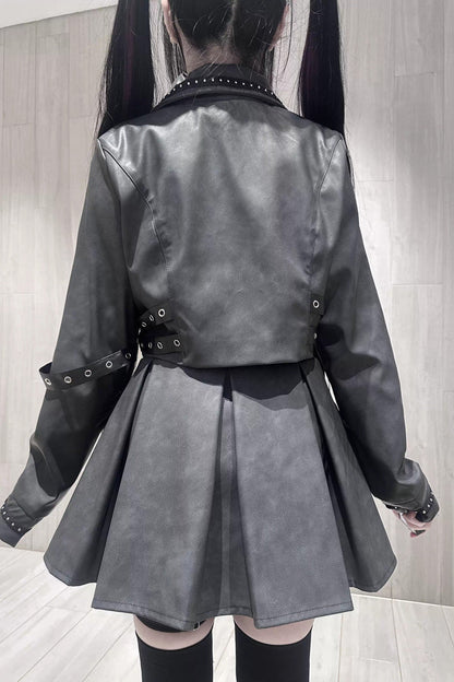 Black [Eternal Night of Bones] Lapel Collar Long Sleeves Studded Eyelet Gothic Jirai Kei Japanese Handsome Top and Skirt Set