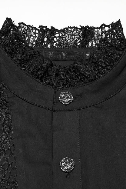 Black Stand Collar Long Puff Sleeves Stitching Lace Men's Gothic Blouse