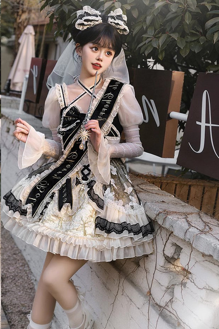 Black/Gold [Lilibet] Print Ruffle Cardigan Bowknot Lace Fishbone Sweet Lolita Dress