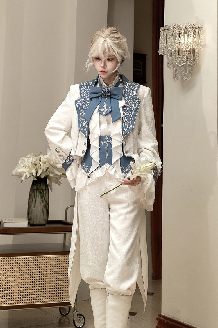 White [Moonlit Paladin Prince] Ruffle Embroidery Bowknot Classic Prince Handsome Ouji Lolita Set