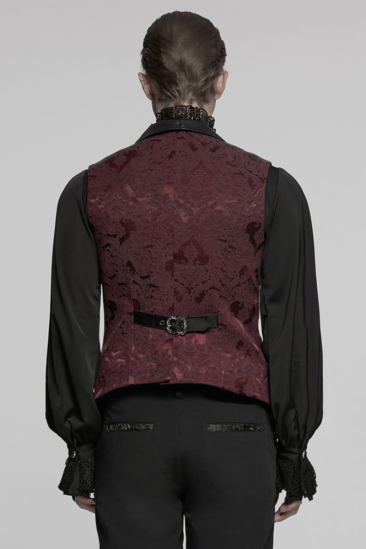 Black/Red Lapel V-neck Sleeveless Jacquard Buckle Men's Gothic Vest