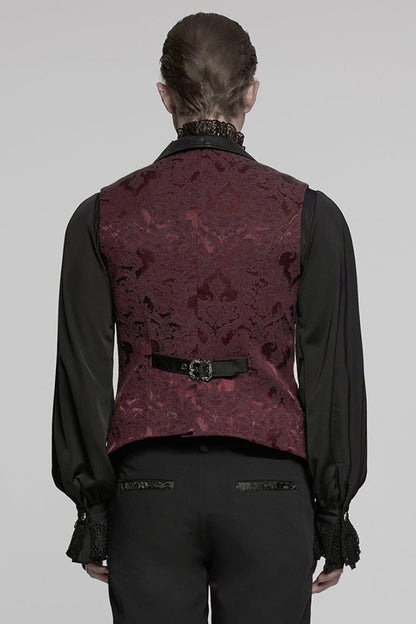 Black/Red Lapel V-neck Sleeveless Jacquard Buckle Men's Gothic Vest