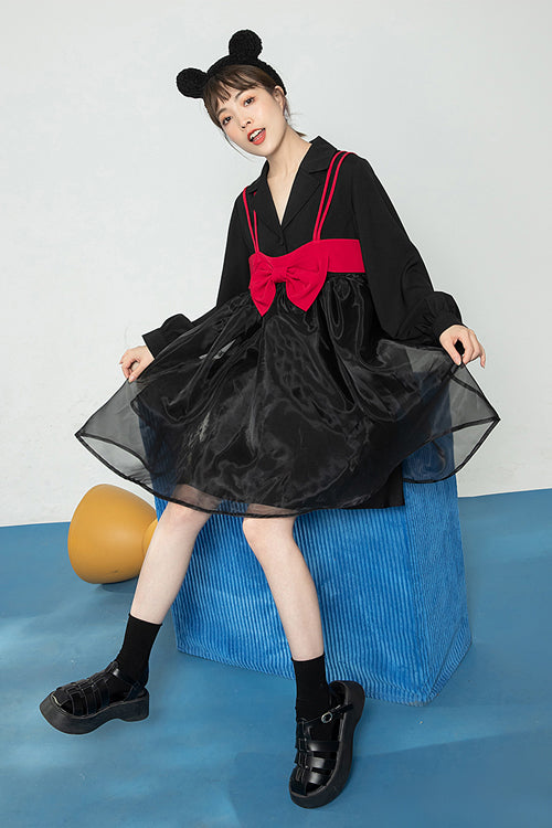 Black Suit Collar Bow Organza Long Sleeves High Waist Sweet Lolita OP Dress