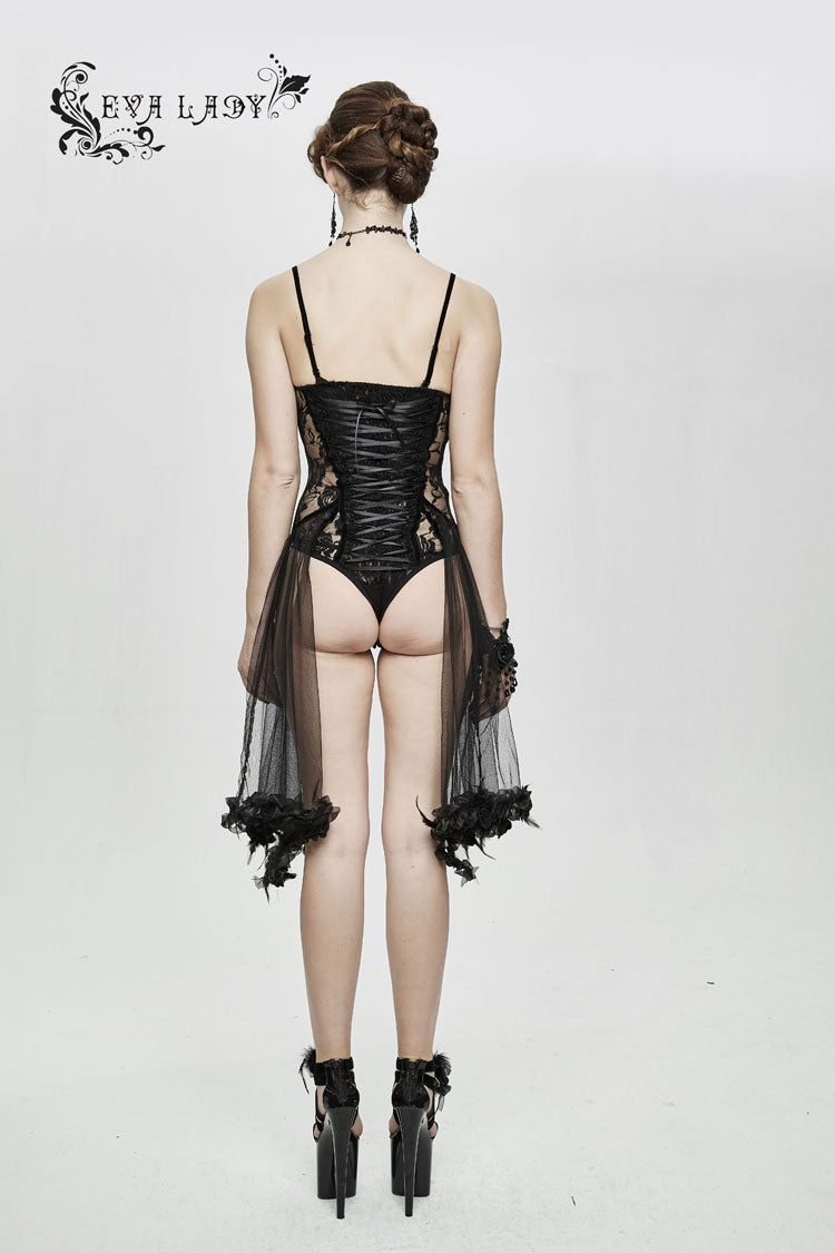 Black Translucent Rose Lace Mesh Hem Sling Women's Gothic Jumpsuit