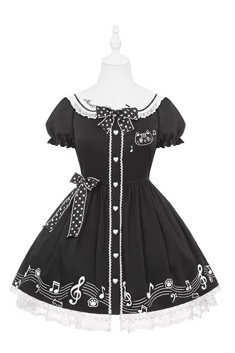 Black [Melody Kitty] Doll Collar Short Sleeves Ruffled Embroidered Bow Lace Sweet Lolita Dress