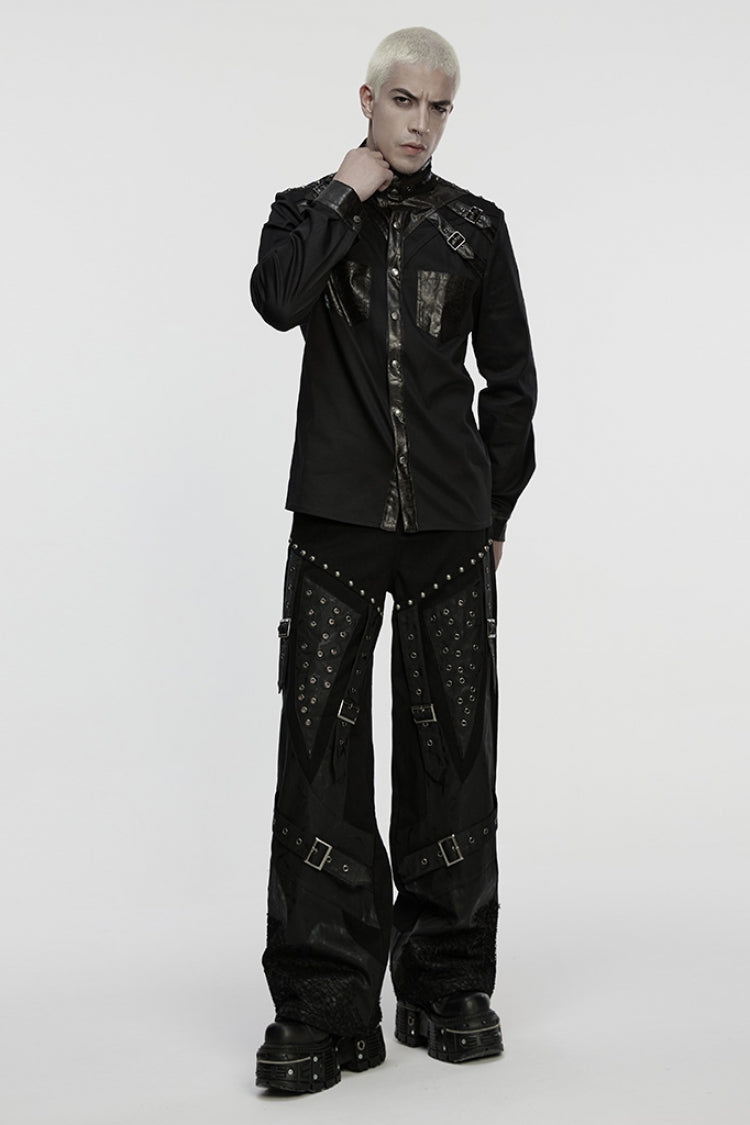 Black Stand Collar Long Sleeves Rivet Buckle Straps Eyelet Men's Punk Blouse