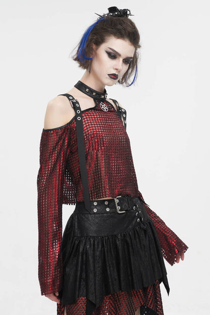 Red Off Shoulder Buckle Sheer Crop Women's Gothic Shirt