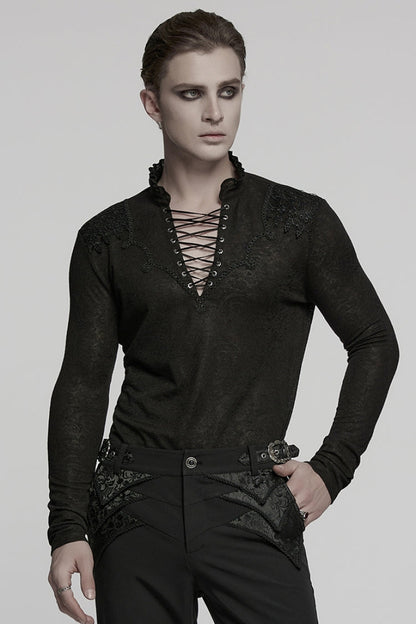 Black V Collar Long Sleeves Jacquard Embroidery Men's Gothic Blouse