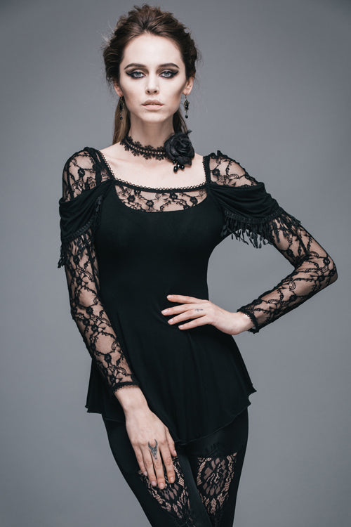 Black Rose Lace Long Sleeves Modal Womens Gothic T-Shirt