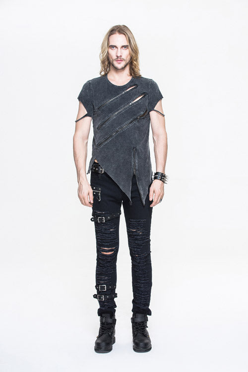 Black Rock Partition Zippered Faded Mens Punk T-Shirt
