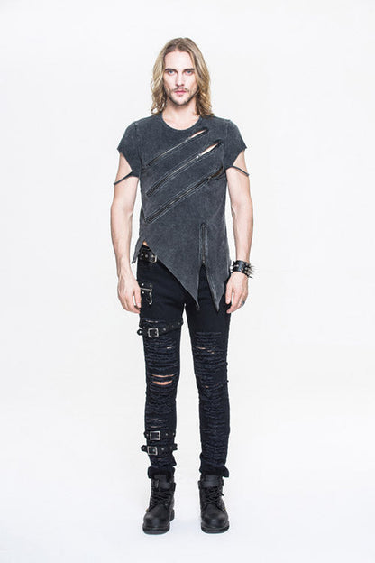 Black Rock Partition Zippered Faded Mens Punk T-Shirt