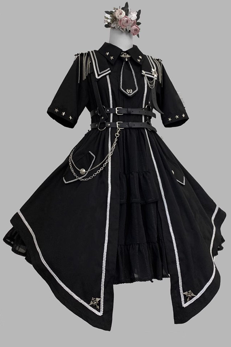 Black [Sunset Universe] Short Sleeves Cardigan Lace Gothic Military Handsome Lolita Dress Full Set