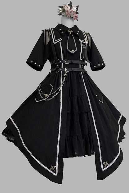 Black [Sunset Universe] Short Sleeves Cardigan Lace Gothic Military Handsome Lolita Dress Full Set
