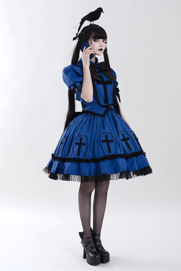 Blue Halloween Cross Short Puff Sleeves Two Pieces Gothic Lolita Dress