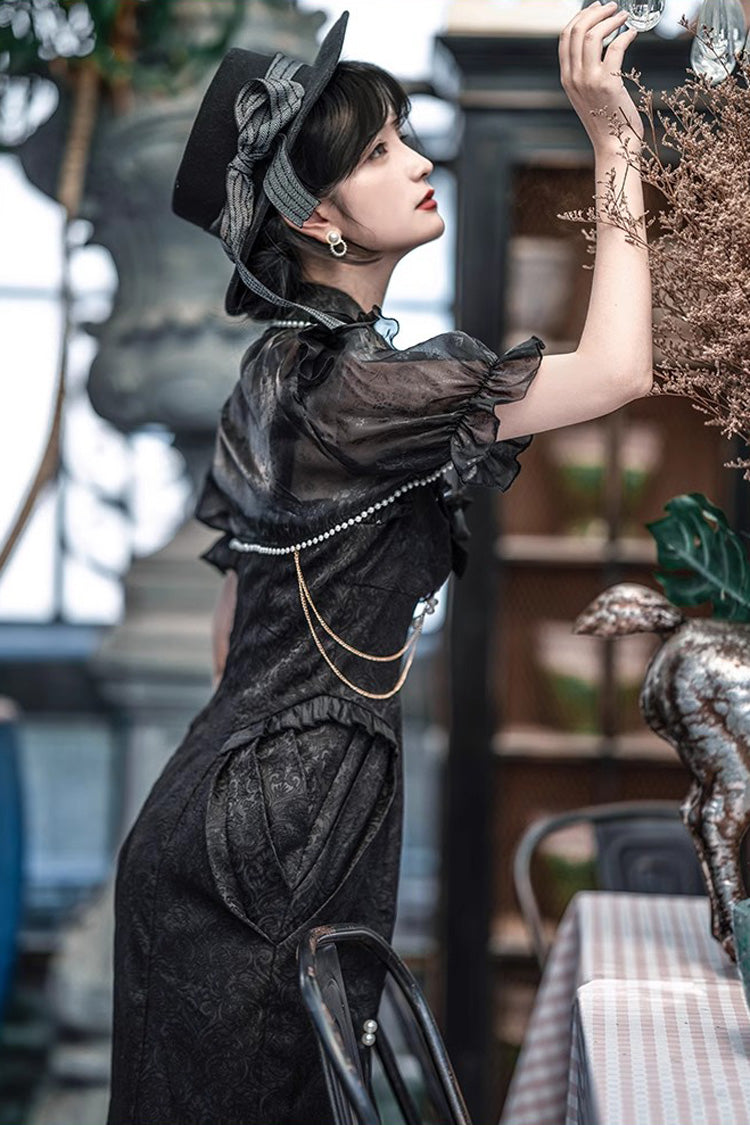 Black [Camellia 1.0] Sleeveless Jacquard Ruffle Lace Gothic Chinese Style Lolita Jsk Fishtail Dress