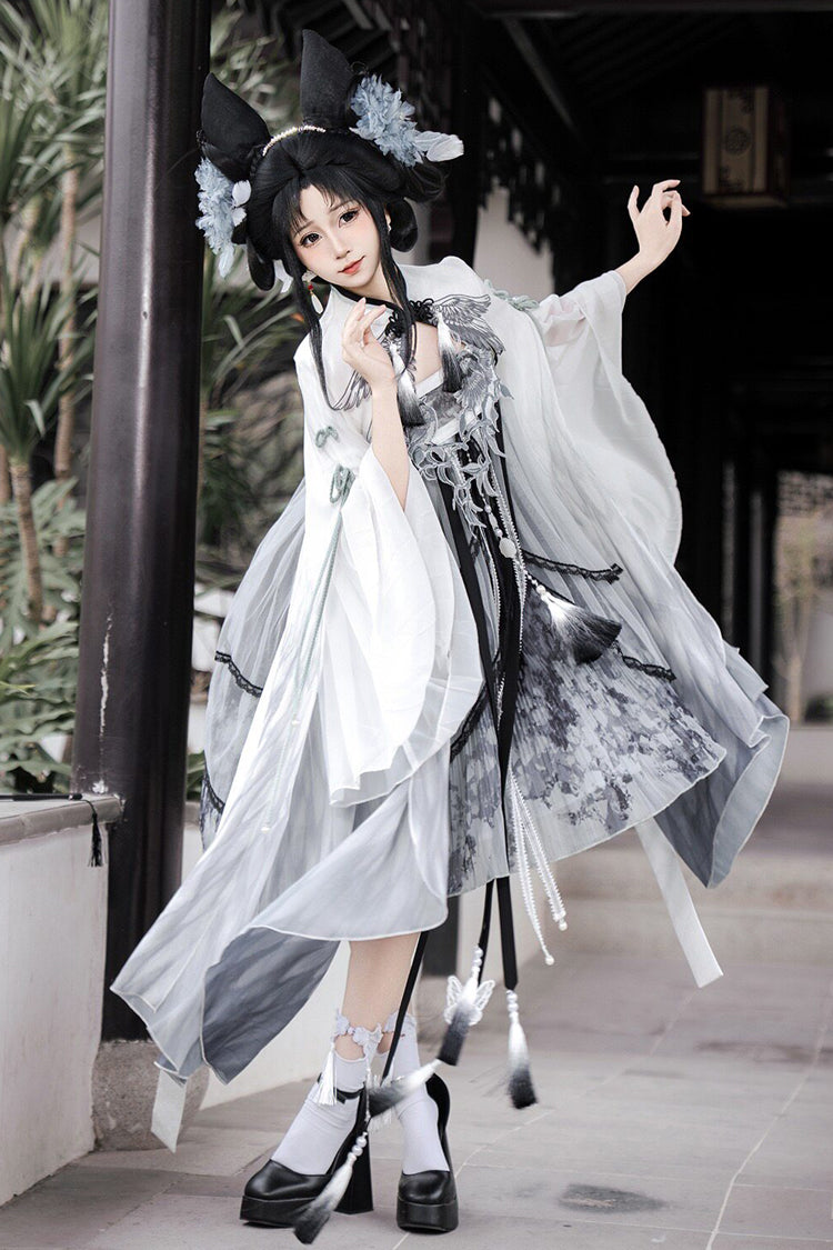 Black/White [Magpie Feather] High Waisted Printed Women's Classic Chinese Style Hanfu Dress Set