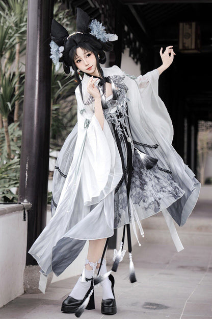 Black/White [Magpie Feather] High Waisted Printed Women's Classic Chinese Style Hanfu Dress Set