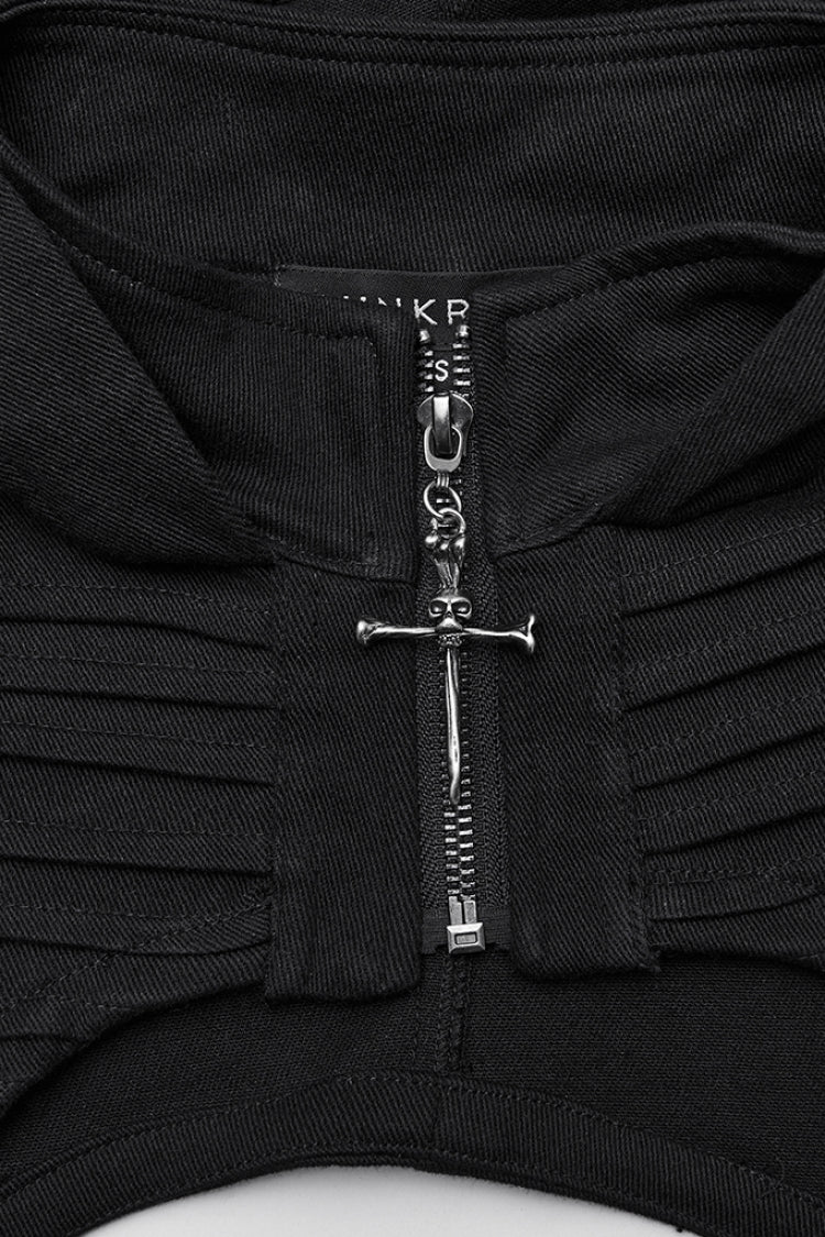 Black Stand Collar Sleeveless Hooded Zipper Pleated Women's Punk Short Vest