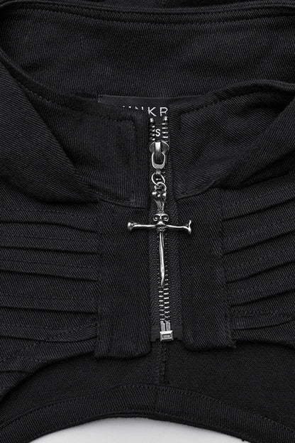 Black Stand Collar Sleeveless Hooded Zipper Pleated Women's Punk Short Vest