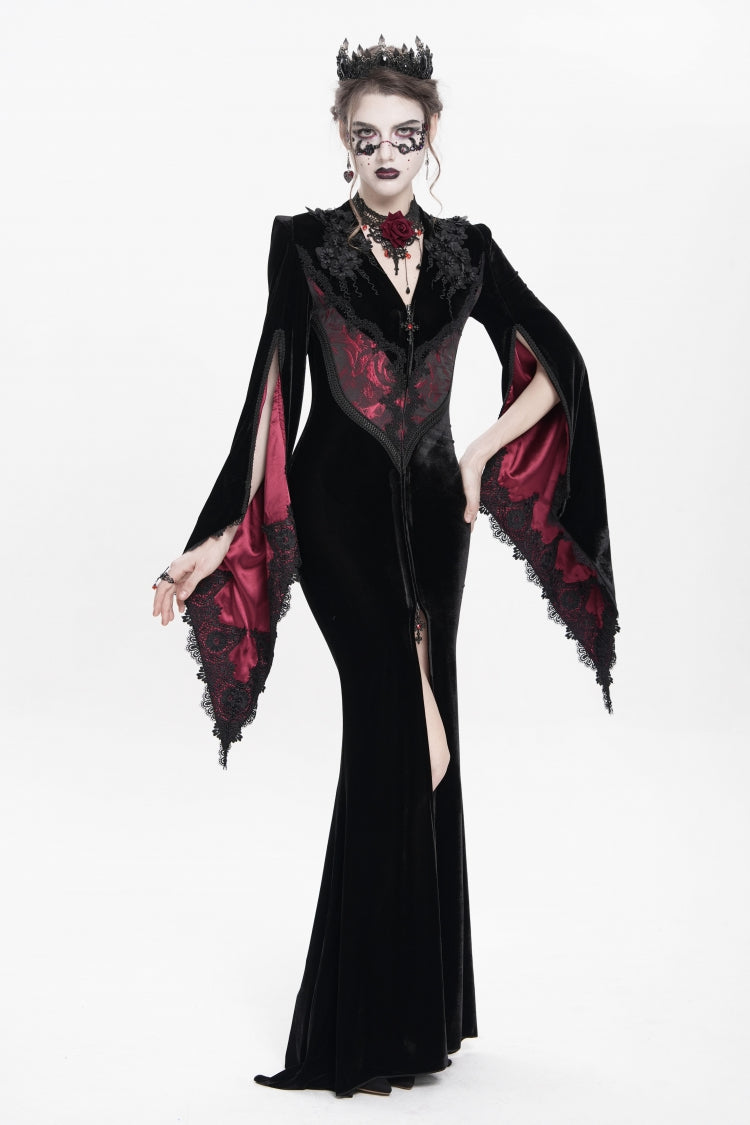 Black/Red V Collar Long Trumpet Sleeves Floral Embroidered Velvet Women's Gothic Dress