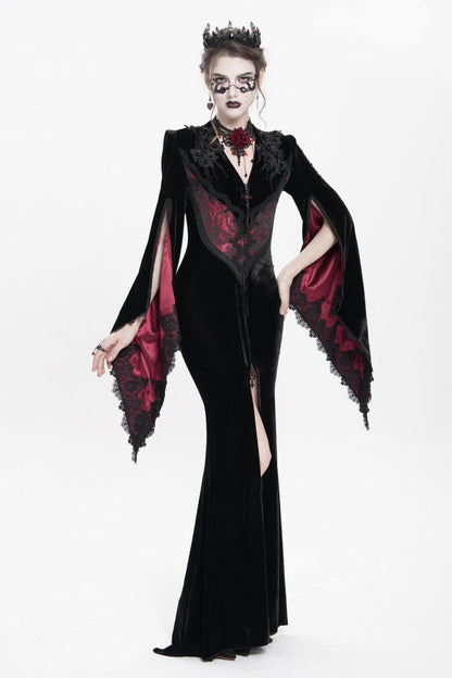 Black/Red V Collar Long Trumpet Sleeves Floral Embroidered Velvet Women's Gothic Dress