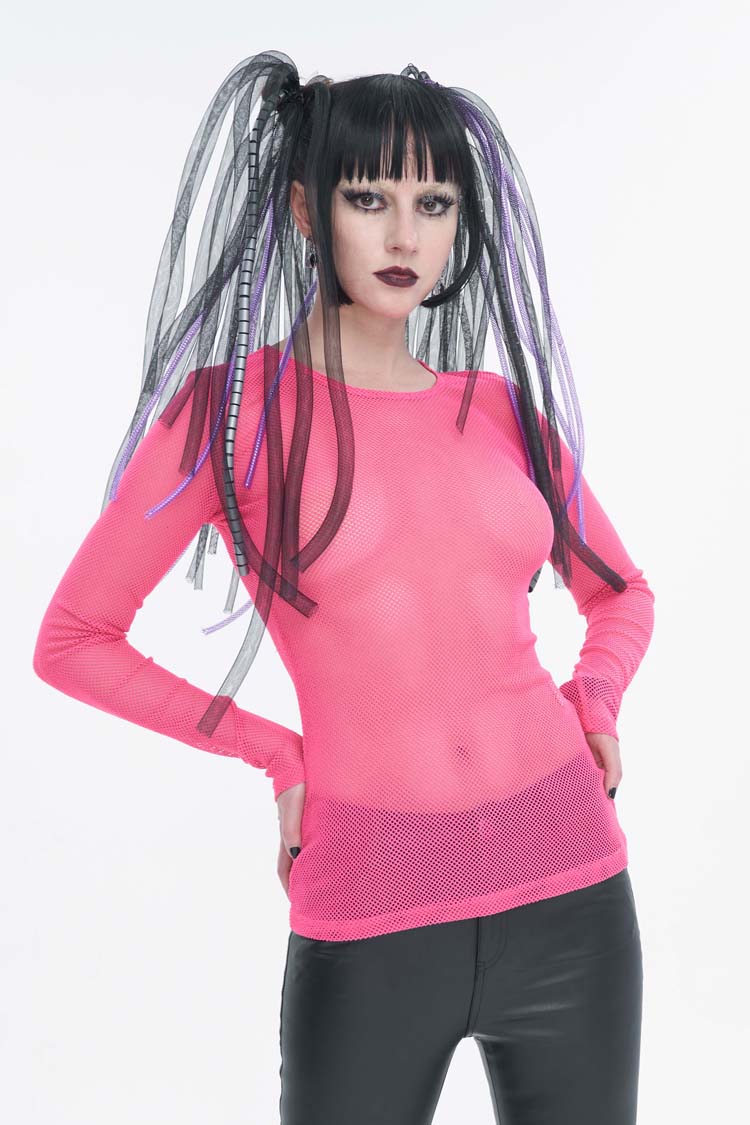 Red Elasticity High Neck Long Sleeve Mesh Women's Gothic T-Shirt
