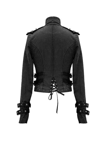 Black Spiked Zipper Up Punk Mesh Womens Coat With Loops