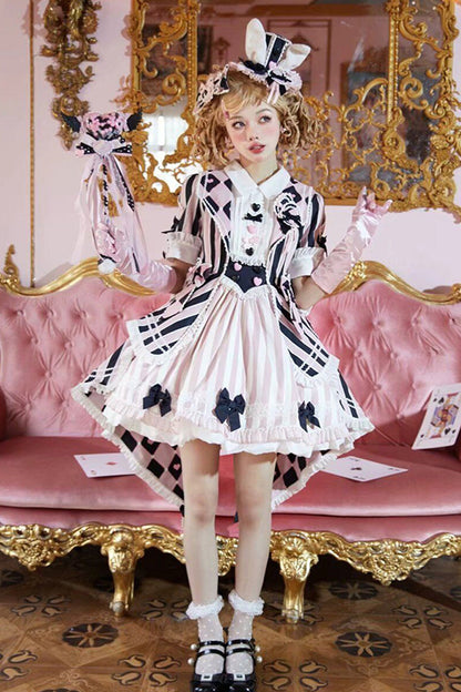Black/Pink Short Sleeves Weird Theater Print Ruffle Bowknot Sweet Lolita Dress