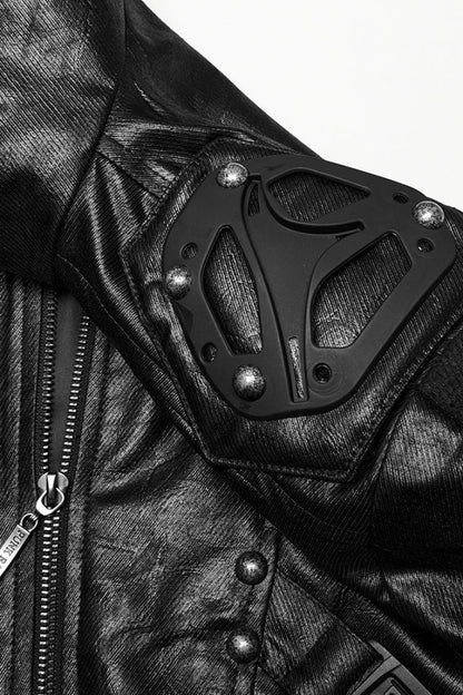 Black Stand Collar Long Sleeves Faux Leather Buckle Men's Punk Coat