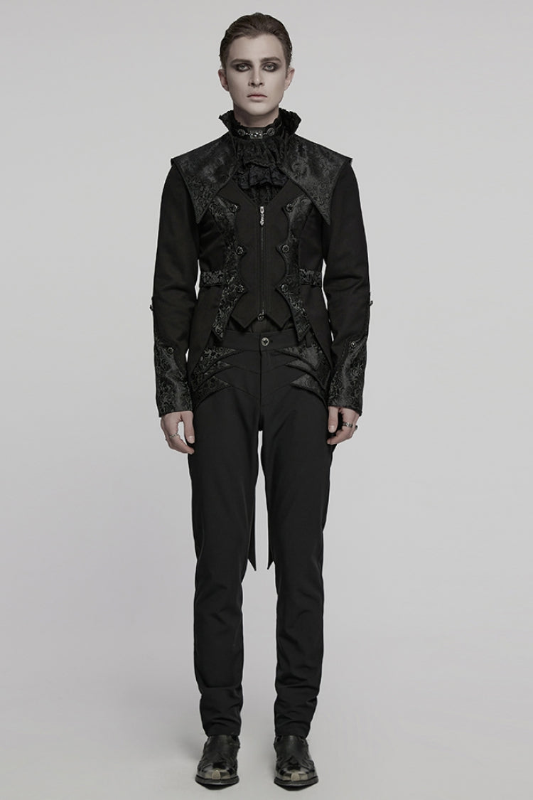 Black Stand Collar Long Sleeves Jacquard Stitching Swallow-tailed Men's Gothic Coat
