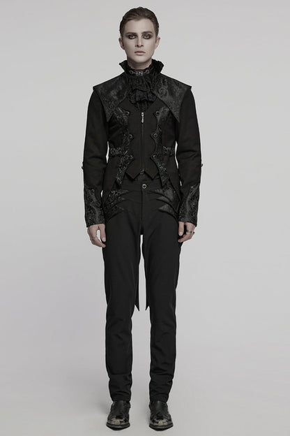 Black Stand Collar Long Sleeves Jacquard Stitching Swallow-tailed Men's Gothic Coat