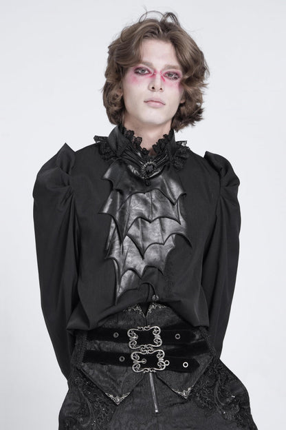 Black Stand Collar Long Puff Sleeves Men's Gothic Batlike Blouse