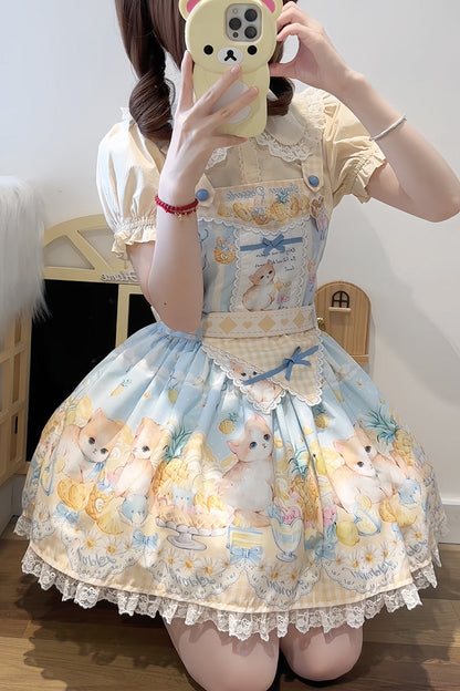 Blue [Pineapple Cat] Print Sleeveless Bowknot Lace Sweet Lolita Strap Dress