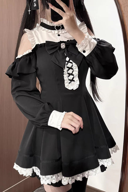 Black/White Off Shoulder Long Sleeves Ruffled Jirai Kei Japanese Dress Set