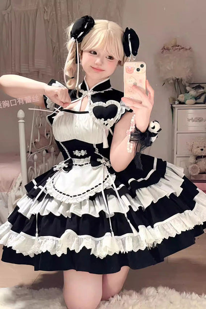 Black/White Multi-Layered Ruffle Sweet Chinese Style Maid Cheongsam Lolita Dress