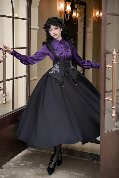 Black [Night of Thorns] Sleeveless Embroidery Lace-Up Gothic Lolita Strap Breast Support Dress 2 Versions