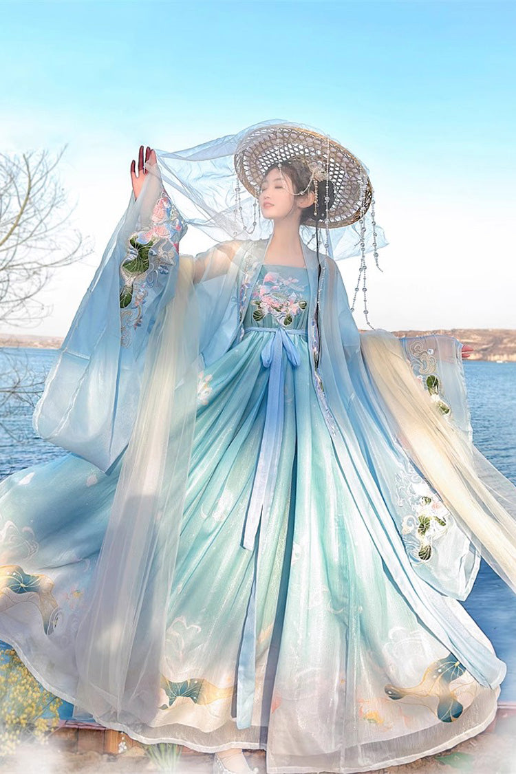 Blue Tang Dynasty Long Trumpet Sleeves Print Embroidery Sweet Hanfu Dress