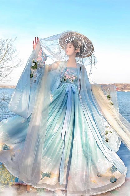 Blue Tang Dynasty Long Trumpet Sleeves Print Embroidery Sweet Hanfu Dress