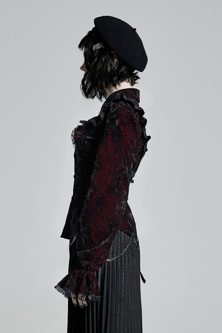 Black/Red Stand Collar Floral Embroidery Lace Women's Gothic Blouse