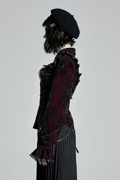 Black/Red Stand Collar Floral Embroidery Lace Women's Gothic Blouse
