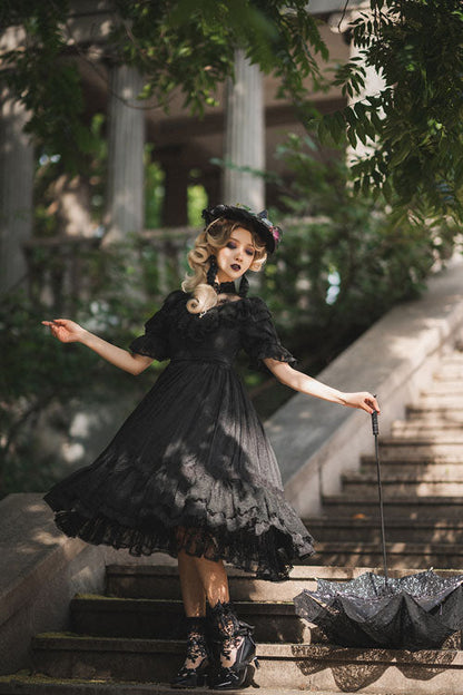 Elegant Vintage Rose Print Multi-Layer Ruffled Sweet Lolita OP Dress