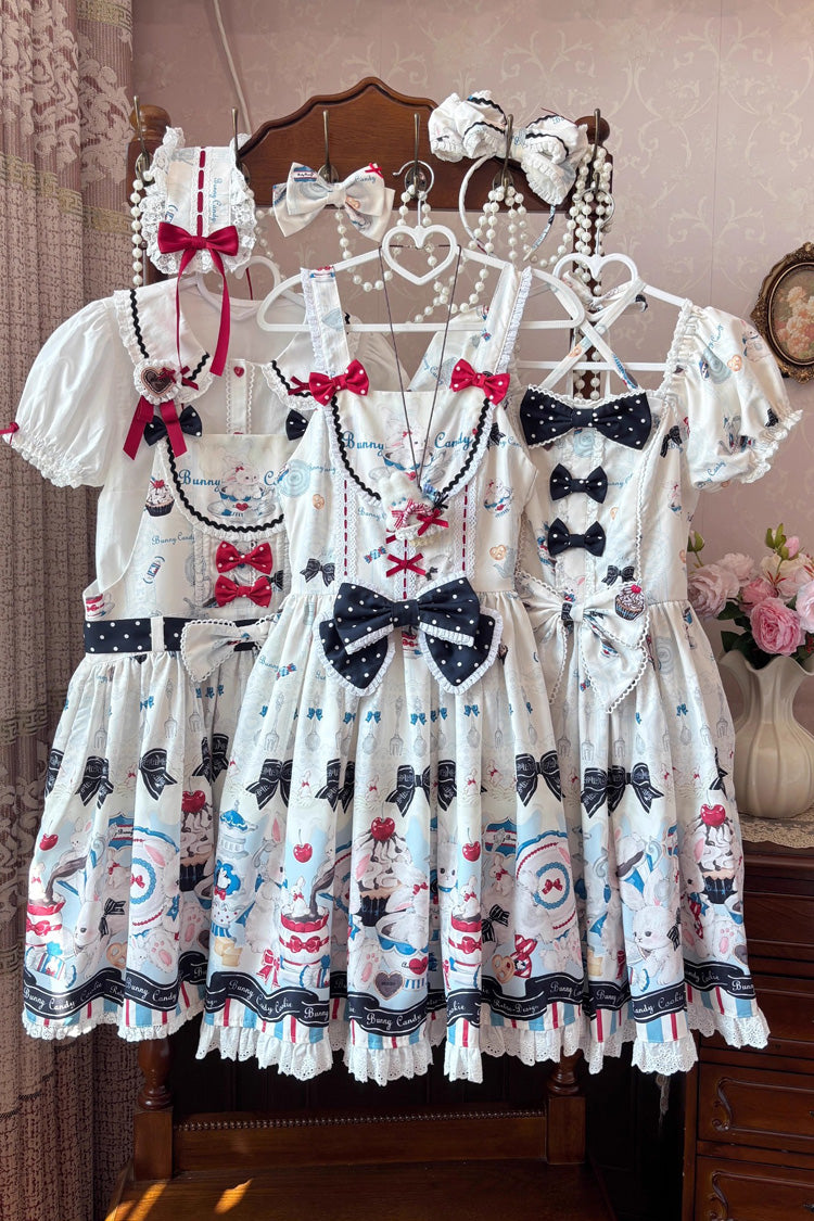 Beige [Mystery Rabbit Tea Party] Square Collar Short Sleeves Print Ruffle Bowknot Lace Sweet Lolita Dress