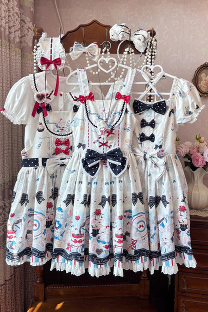 Beige [Mystery Rabbit Tea Party] Sleeveless Print Bowknot Lace Sweet Lolita Strap Dress