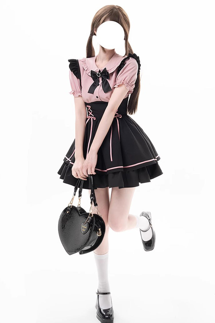 Black/Pink First Sakura Short Sleeves Multi-layer Lace-Up Sweet Jirai Kei Japanese Set