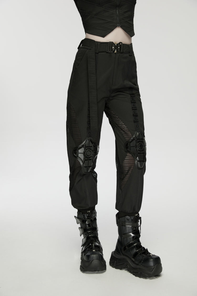Black Women's Punk Handsome Buckle-up Studded Mesh Cargo Pants