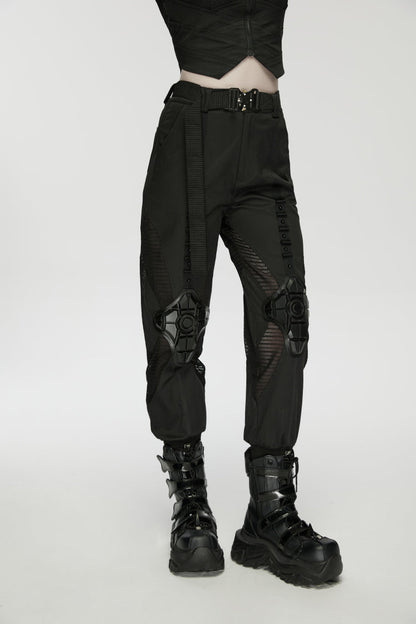 Black Women's Punk Handsome Buckle-up Studded Mesh Cargo Pants