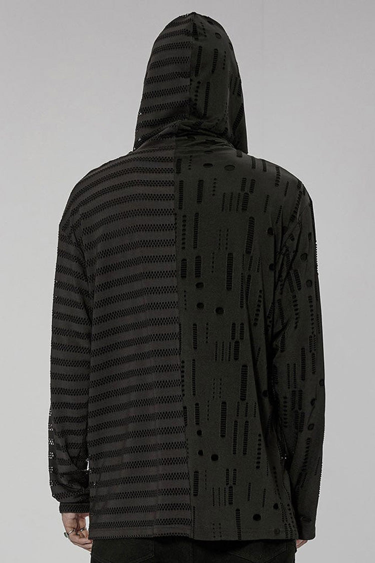 Black Punk Personality Left-Right Asymmetrical Knitted Stitching Casual Hooded Men's T-Shirt