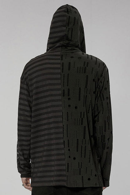 Black Punk Personality Left-Right Asymmetrical Knitted Stitching Casual Hooded Men's T-Shirt