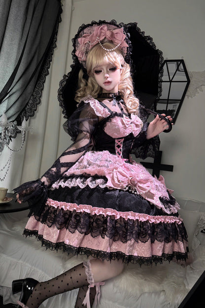 Black/Pink [Rose Princess] Sleeveless Ruffle Bowknot Lace Lace-Up Sweet Ballet Lolita Jsk Dress